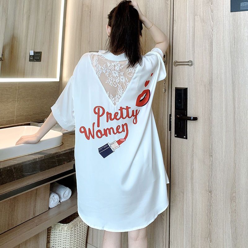 Net red nightdress female summer thin section ice silk short-sleeved shirt ladies pajamas summer hollow backless sexy home service