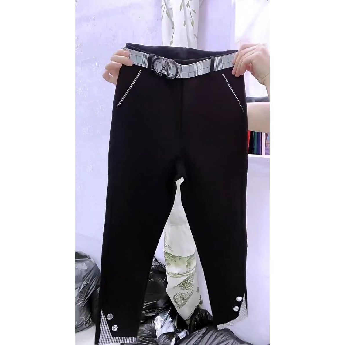 Summer new white all-match small trousers women's high waist elastic stitching plaid nine-point pants fashion pants