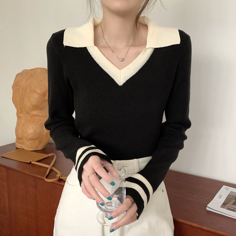 2022春秋季薄款百搭修身內搭長袖純色針織衫v領Polo衫打底衫毛衣