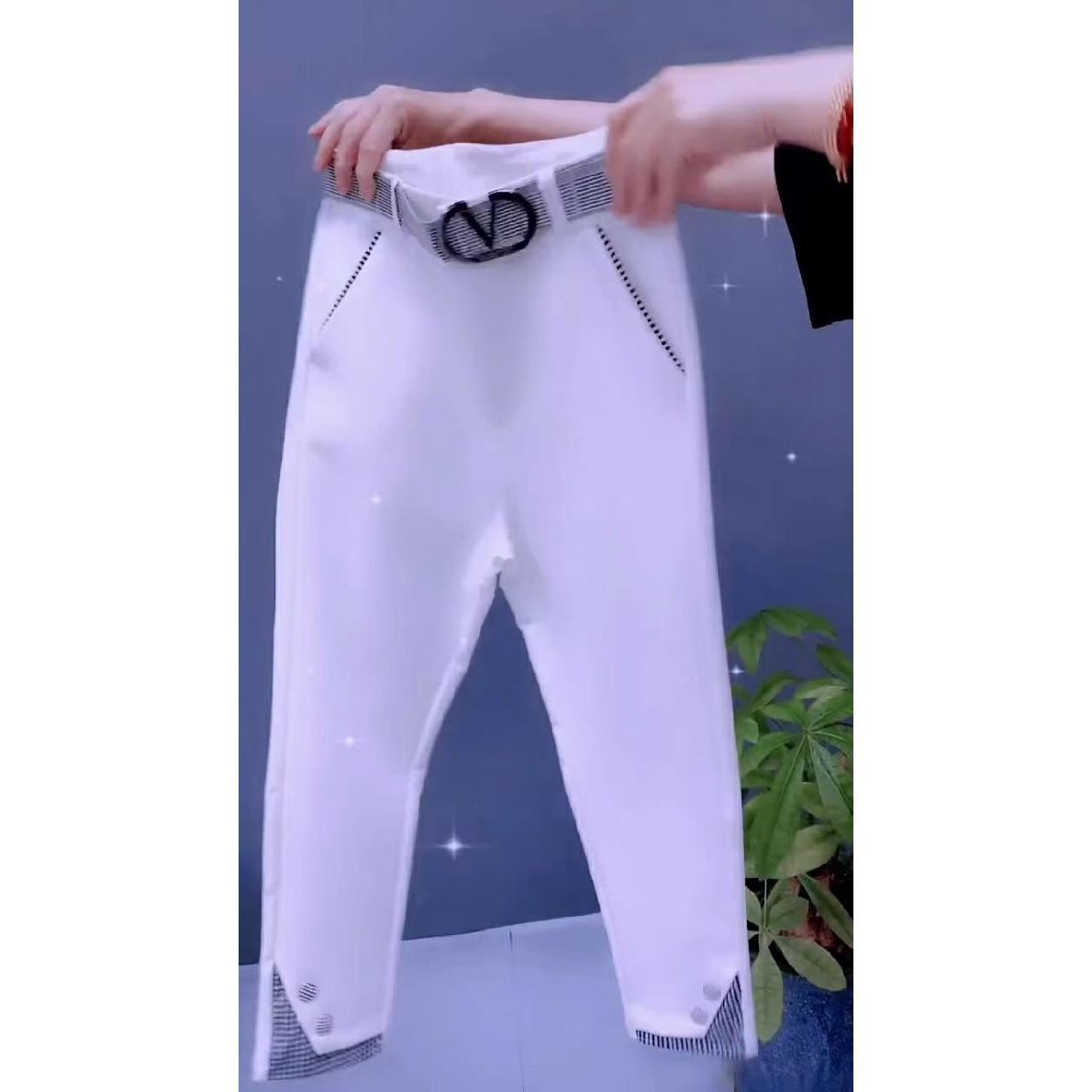 Summer new white all-match small trousers women's high waist elastic stitching plaid nine-point pants fashion pants