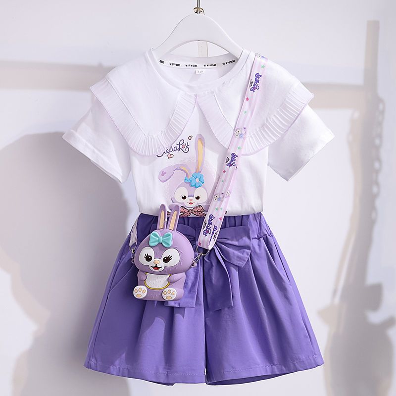 Girls' shorts suit 2023 summer new middle and big children's net red Korean version of children's thin section summer short-sleeved two-piece set