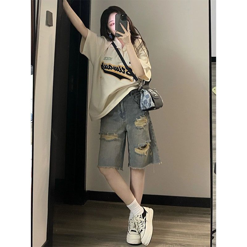美式高街破洞五分褲女夏季薄款歐美vibe風高腰直筒牛仔短褲ins潮
