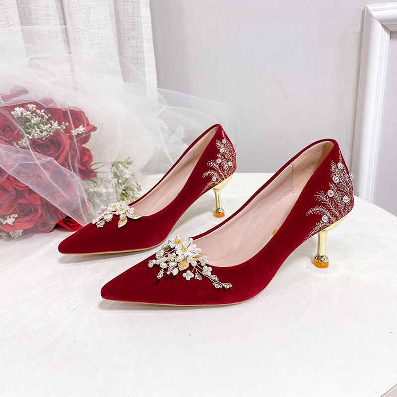 爆款新娘鞋2022年新款细跟红色婚鞋秀禾婚纱两穿中式高跟鞋结婚鞋