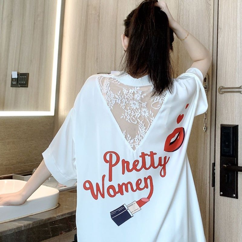 Net red nightdress female summer thin section ice silk short-sleeved shirt ladies pajamas summer hollow backless sexy home service