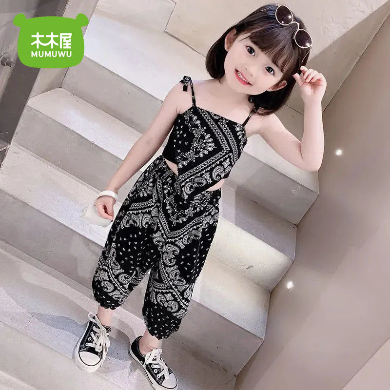  女童夏裝吊帶背心套裝2023新款兒童女孩防蚊束腳褲兩件套