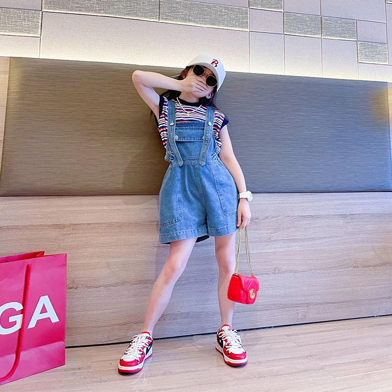 Girls' shorts suit summer overalls sleeveless striped jeans two-piece suit fashionable middle and big children 2022 new trend