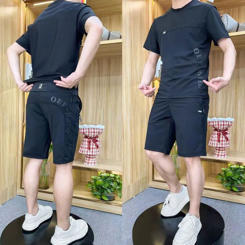 Ice silk casual suit men's shorts summer thin loose all-match short-sleeved stretch mesh stitching sports five-point pants