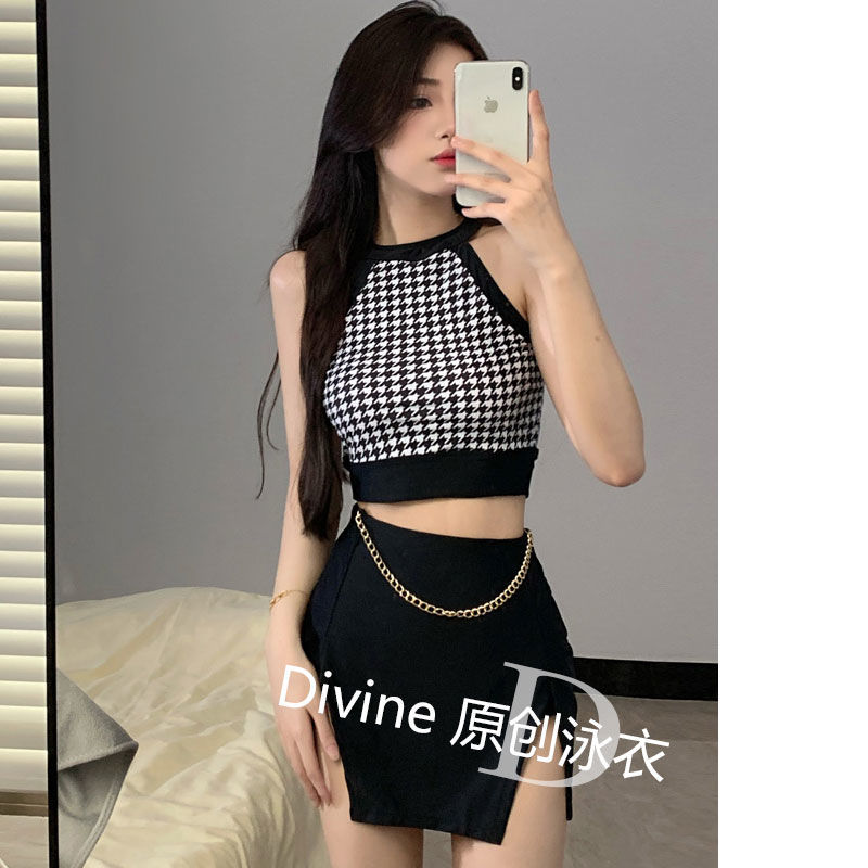 New model of small fragrant celebrity split skirt swimsuit for women, houndstooth, high-end, small breasts, belly-covering, slim, high-waisted and conservative