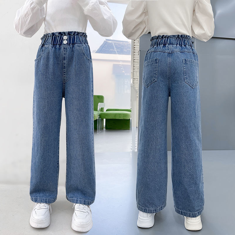 Girls' wide-leg pants spring and autumn style Western-style girls straight jeans outer wear loose middle-aged children's spring children's pants