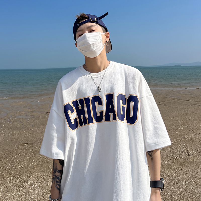 100%純棉短袖t恤男夏季港風休閒潮流ins字母印花寬鬆百搭時尚體恤