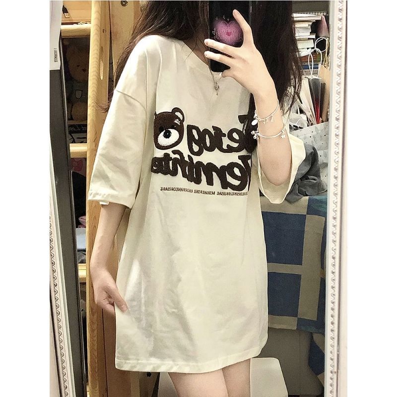 Summer Japanese ins cute bear pattern loose mid-length half-sleeved short-sleeved t-shirt female students top clothes ins