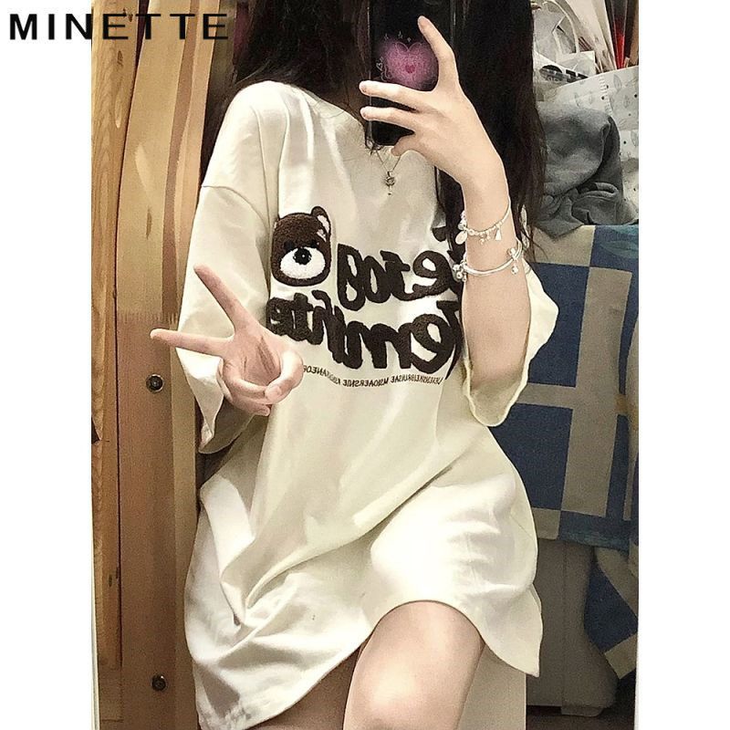 Summer Japanese ins cute bear pattern loose mid-length half-sleeved short-sleeved t-shirt female students top clothes ins