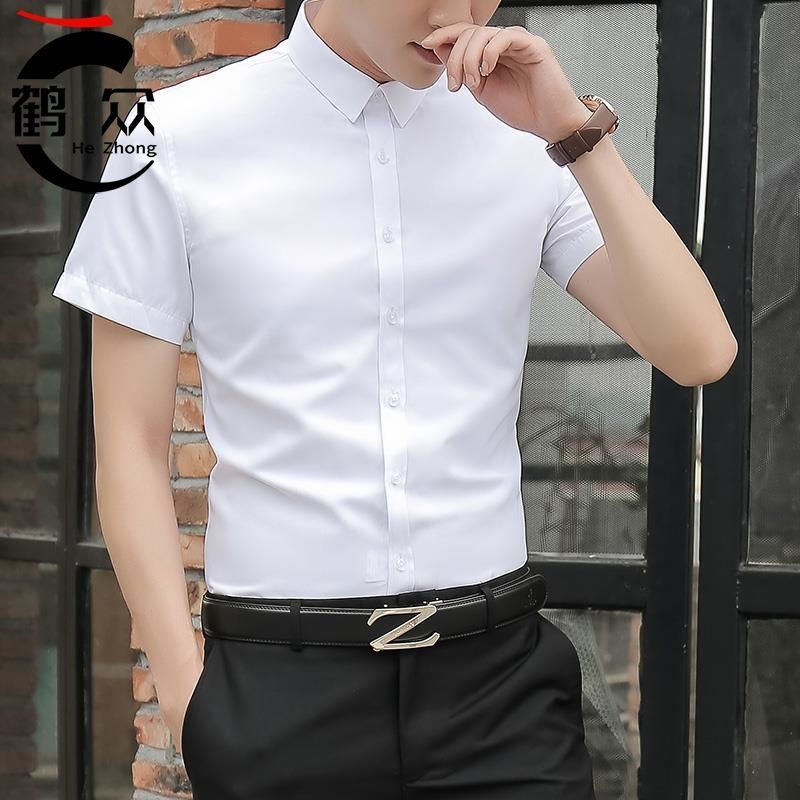 买一送一夏季白衬衫男士薄款短袖商务职业正装修身免烫黑色衬衣寸