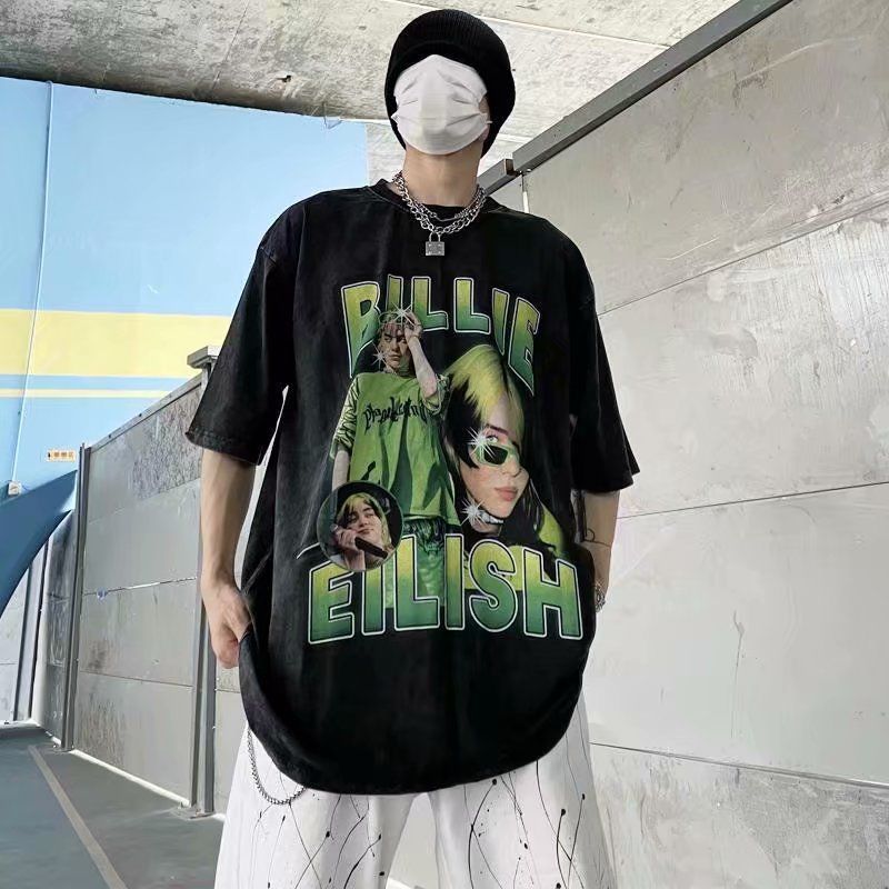 高街嘻哈洗水做舊人物說唱歌手印花潮流寬鬆大碼百搭短袖T恤男女