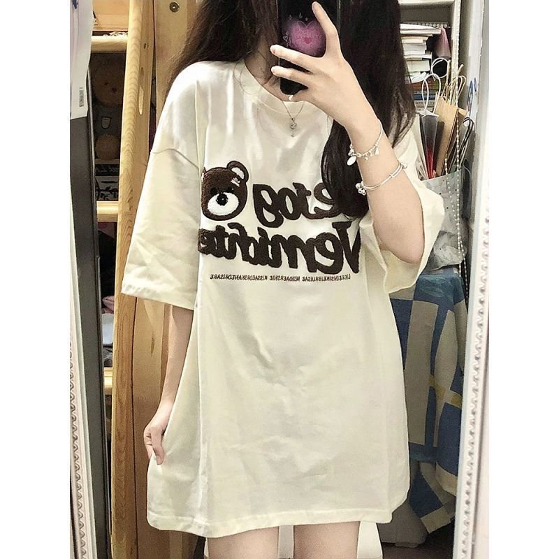 Summer Japanese ins cute bear pattern loose mid-length half-sleeved short-sleeved t-shirt female students top clothes ins