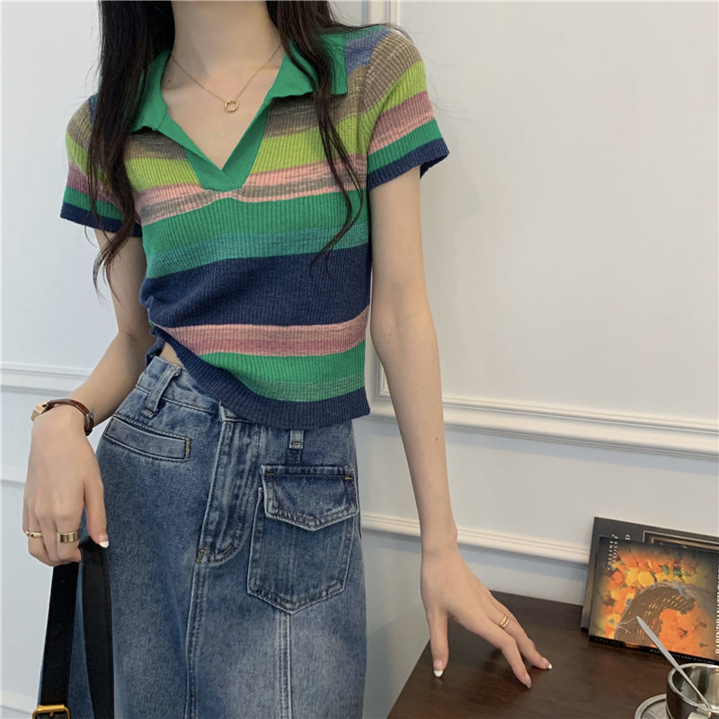 彩虹条纹Polo领针织衫女夏韩版设计感小众修身短袖T恤短款上衣潮
