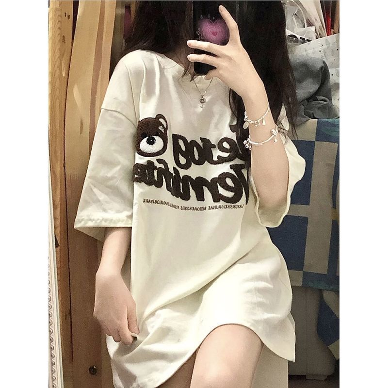 Summer Japanese ins cute bear pattern loose mid-length half-sleeved short-sleeved t-shirt female students top clothes ins