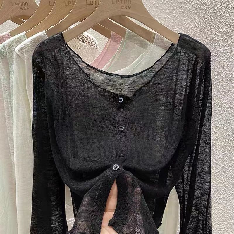 Summer thin soft waxy ice silk sunscreen cardigan women's short hollow solid color long-sleeved blouse loose all-match air-conditioning shirt