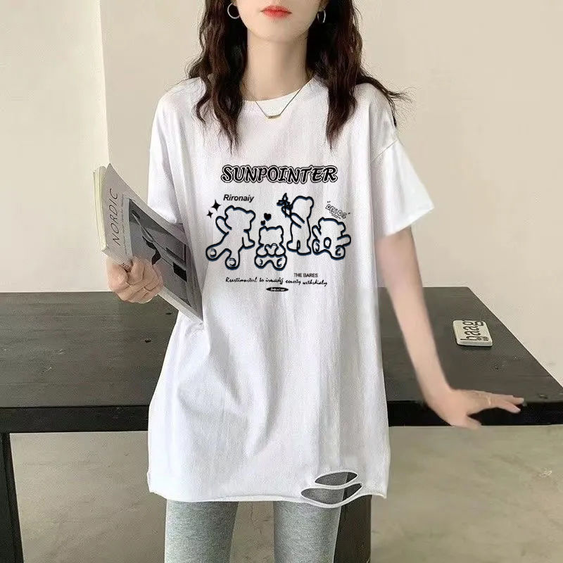 韓國白色純棉破洞t恤女2023夏季新款短袖打底衫中長款寬鬆ins上衣