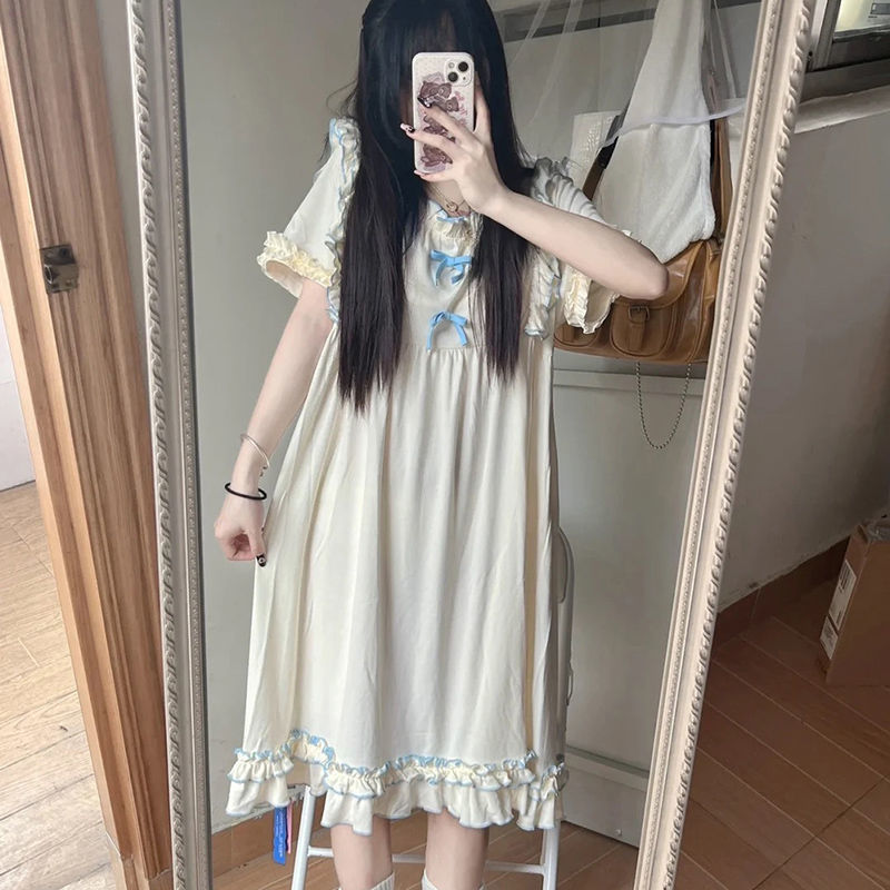 Ins princess style short-sleeved nightdress female summer new Japanese soft girl small sweet lace pajamas home service