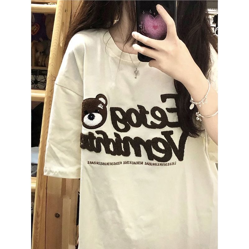 Summer Japanese ins cute bear pattern loose mid-length half-sleeved short-sleeved t-shirt female students top clothes ins