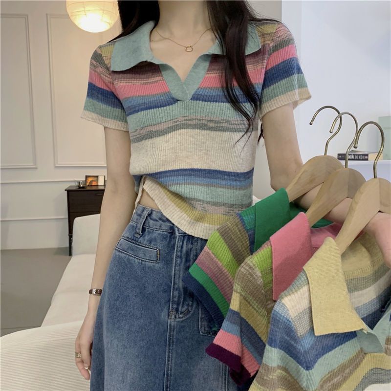 彩虹条纹Polo领针织衫女夏韩版设计感小众修身短袖T恤短款上衣潮