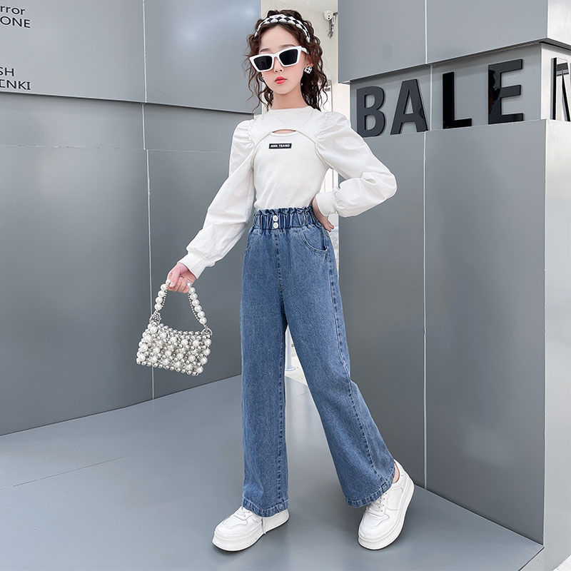 Girls' wide-leg pants spring and autumn style Western-style girls straight jeans outer wear loose middle-aged children's spring children's pants