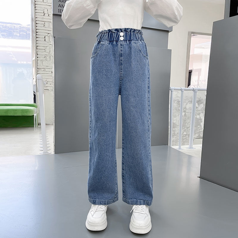 Girls' wide-leg pants spring and autumn style Western-style girls straight jeans outer wear loose middle-aged children's spring children's pants