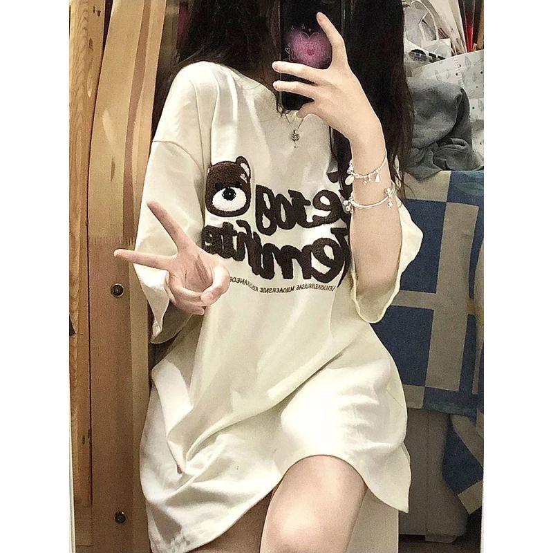 Summer Japanese ins cute bear pattern loose mid-length half-sleeved short-sleeved t-shirt female students top clothes ins