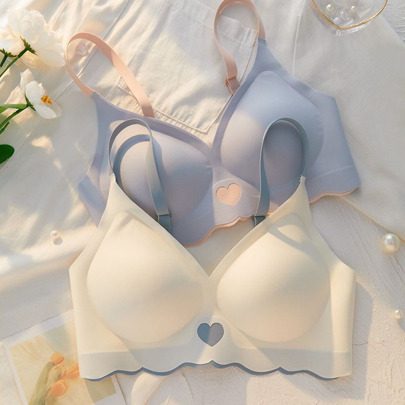 Seamless underwear girl summer sports thin section big breasts show small bra gathered without steel ring to close the pair of breasts bra set