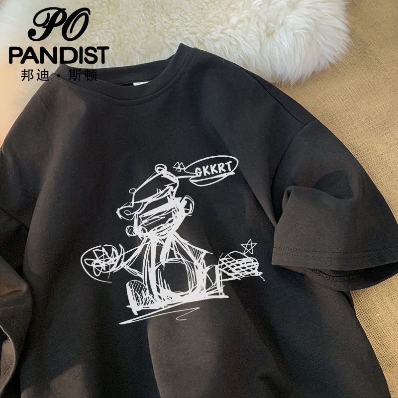 PANDIST 純棉印花t恤男青少年短袖圓領體恤ins港風寬鬆五分袖上衣