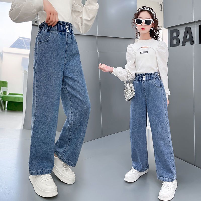Girls' wide-leg pants spring and autumn style Western-style girls straight jeans outer wear loose middle-aged children's spring children's pants