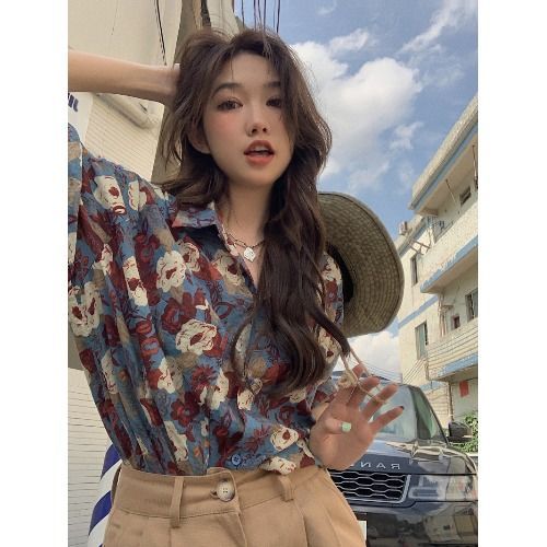 Plus size fat girl short-sleeved floral polo collar shirt women's summer Hong Kong style retro loose slimming top shirt trendy