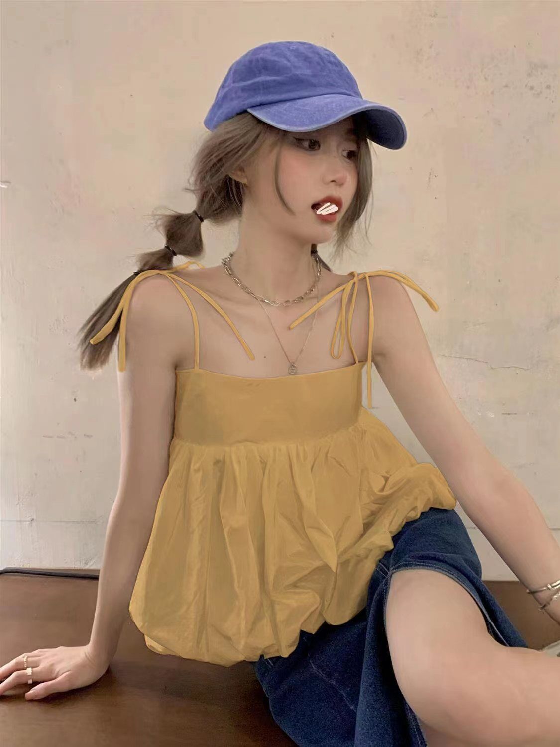 Sweet and Spicy French Strappy Sling Top Women's Summer Outerwear Loose and Chic Design Sleeveless Sweet Puffy Doll Shirt