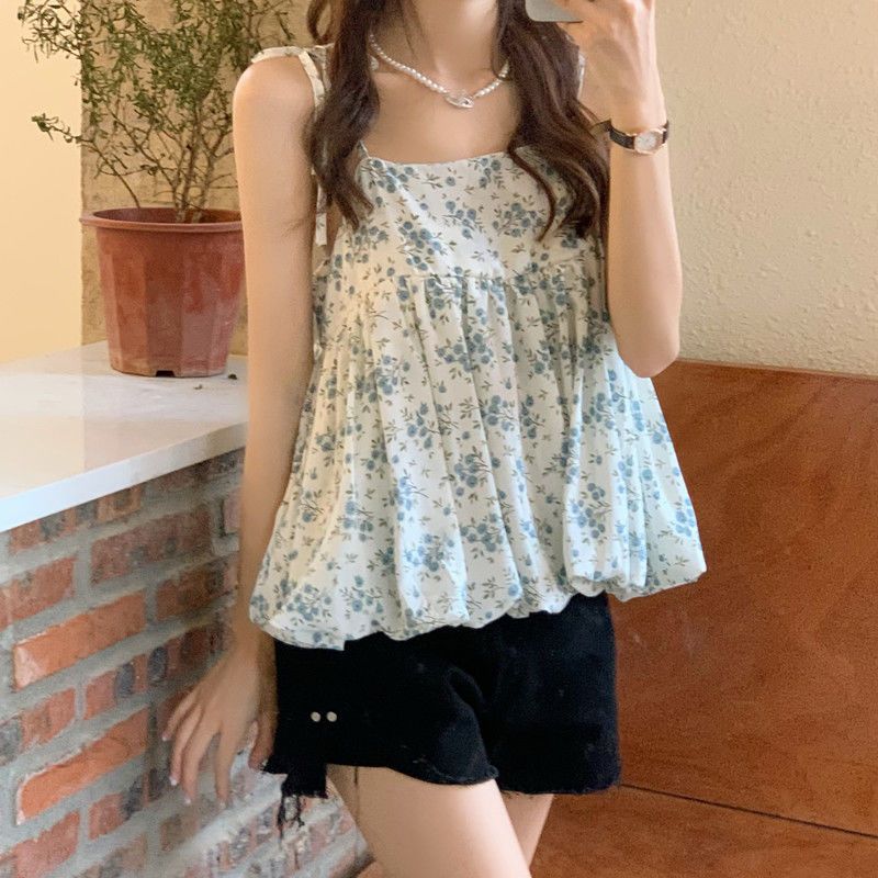 Summer sweet girl bow floral sling outerwear sleeveless loose niche chic design fluffy top