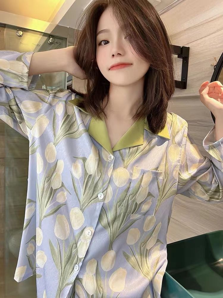 2022 new pajamas women's summer ice silk long-sleeved high-quality spring and autumn thin section can be worn outside tulip home clothes