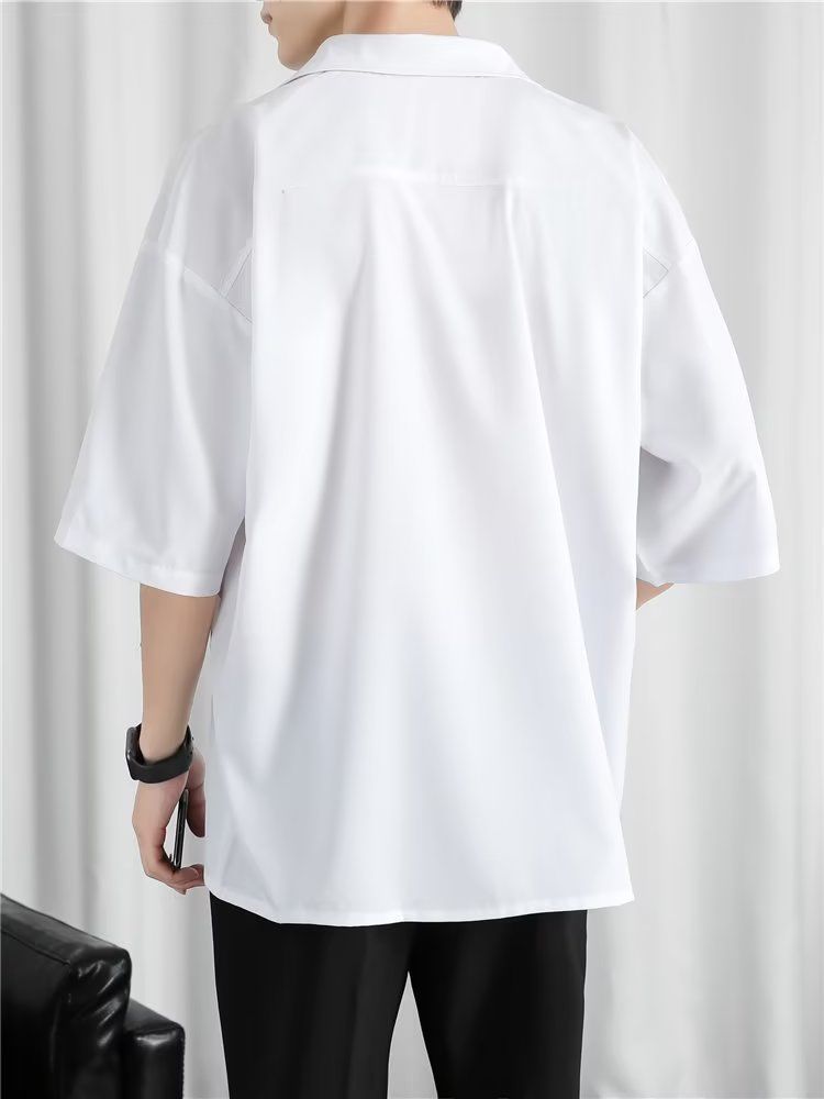 Summer ice silk thin section three-point short-sleeved shirt men's loose high-end casual five-and-a-half-sleeved shirts