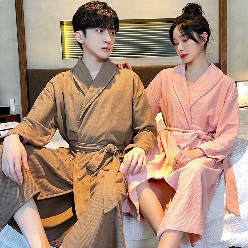 Couple nightgown women's spring and autumn waffle cotton bathrobe men's summer thin section pajamas absorbent quick-drying hotel bathrobe
