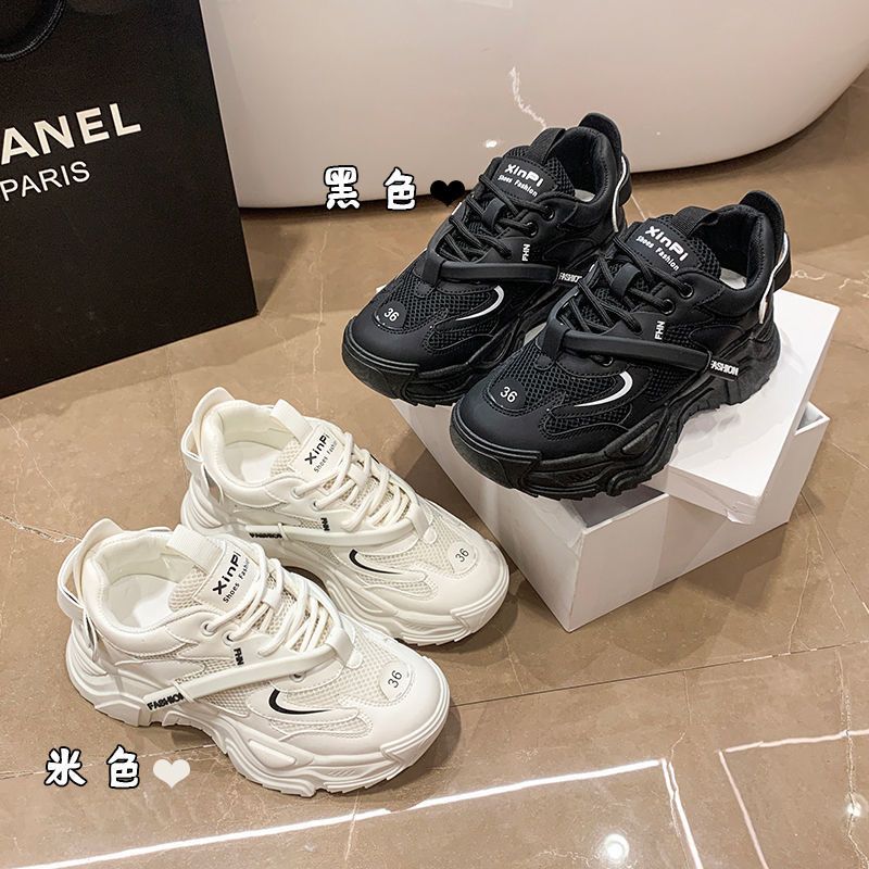 網面透氣跑步鞋厚底老爹鞋女ins超火百搭韓版學生春秋運動小白鞋