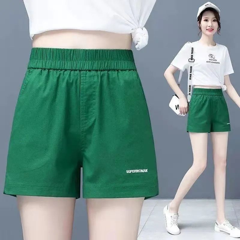All-match wide-leg shorts women  summer new large size elastic waist loose slim casual pants thin section
