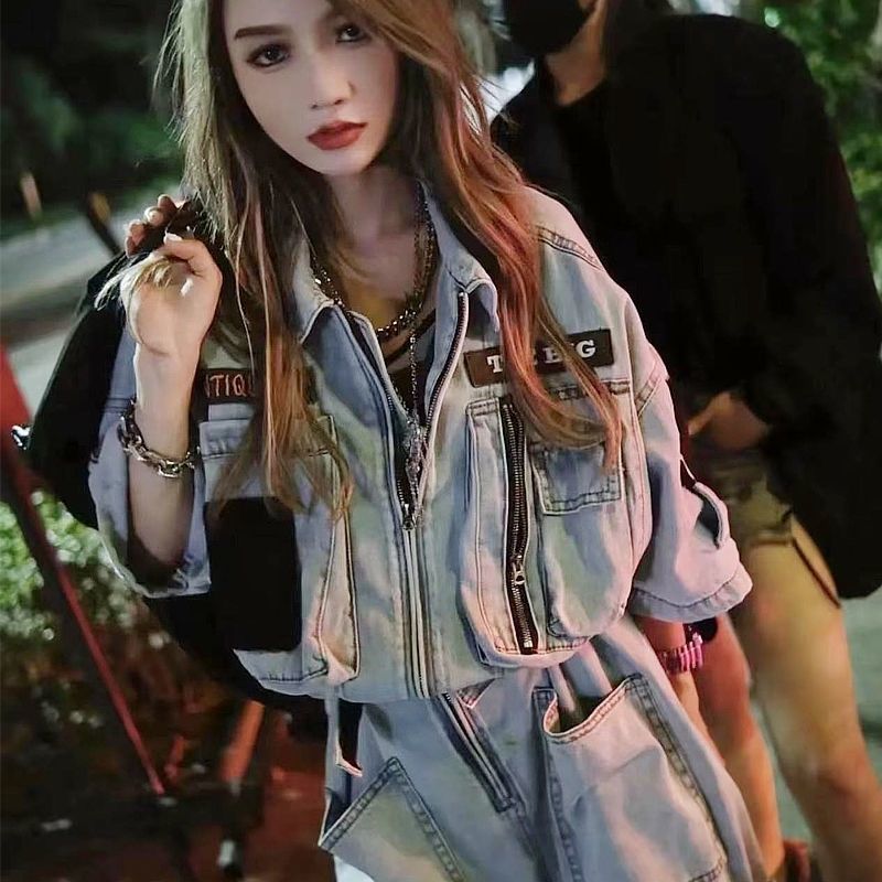 Selected embroidery overalls jumpsuit POLO collar heavy industry zipper loose BF denim jumpsuit shorts female summer tide