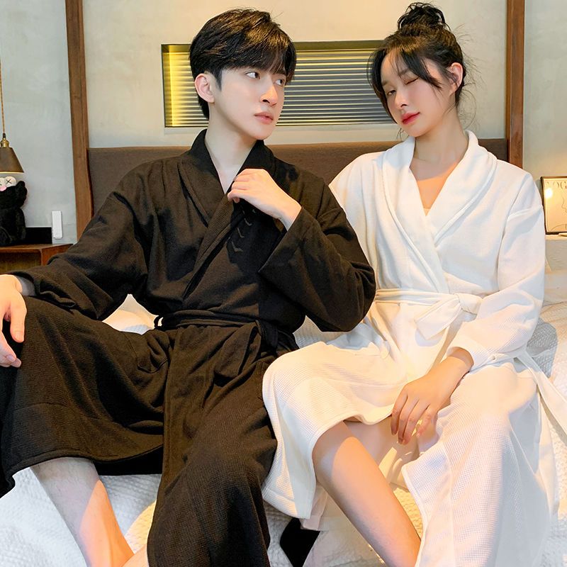 Waffle cotton couple pajamas spring and autumn nightgown one man and one woman large size cotton hotel absorbent quick-drying bathrobe