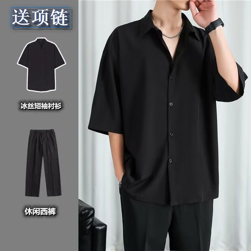Summer ice silk thin section three-point short-sleeved shirt men's loose high-end casual five-and-a-half-sleeved shirts