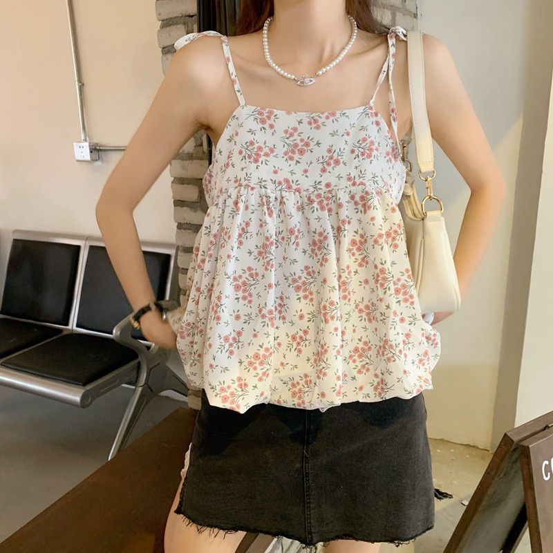 Summer sweet girl bow floral sling outerwear sleeveless loose niche chic design fluffy top