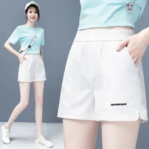 All-match wide-leg shorts women  summer new large size elastic waist loose slim casual pants thin section