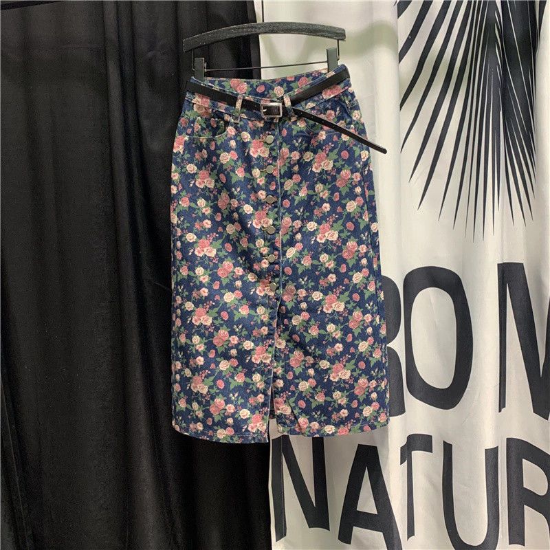 European station summer thin section floral slit denim skirt women's large size high waist elastic slim fashion bag hip skirt
