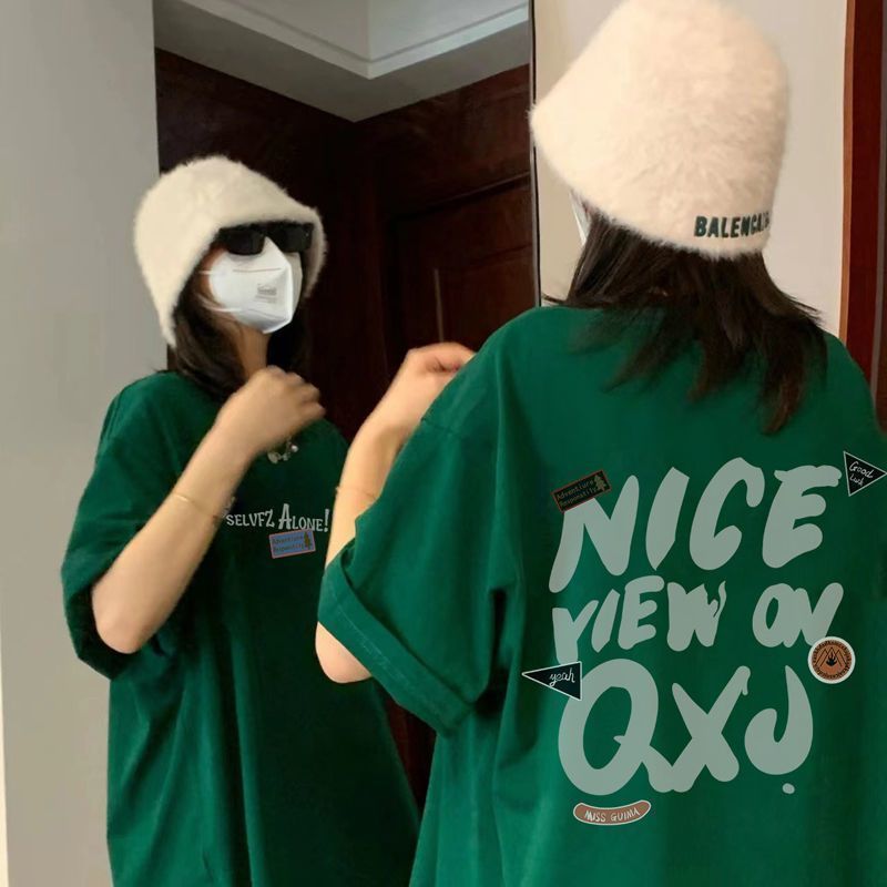 純棉夏季綠色短袖T恤港風女寬鬆美式復古別致上衣ins潮牌設計感