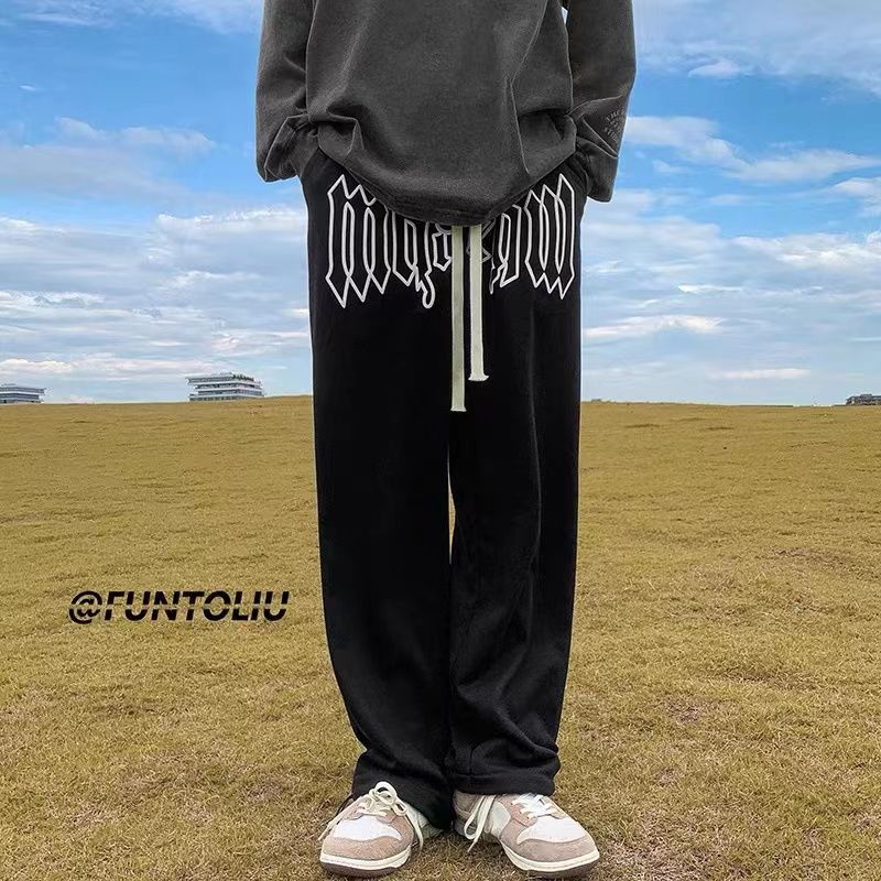 European and American hiphop pants ins high street tide straight tube drop feeling loose large size sports pants men's retro drawstring pants