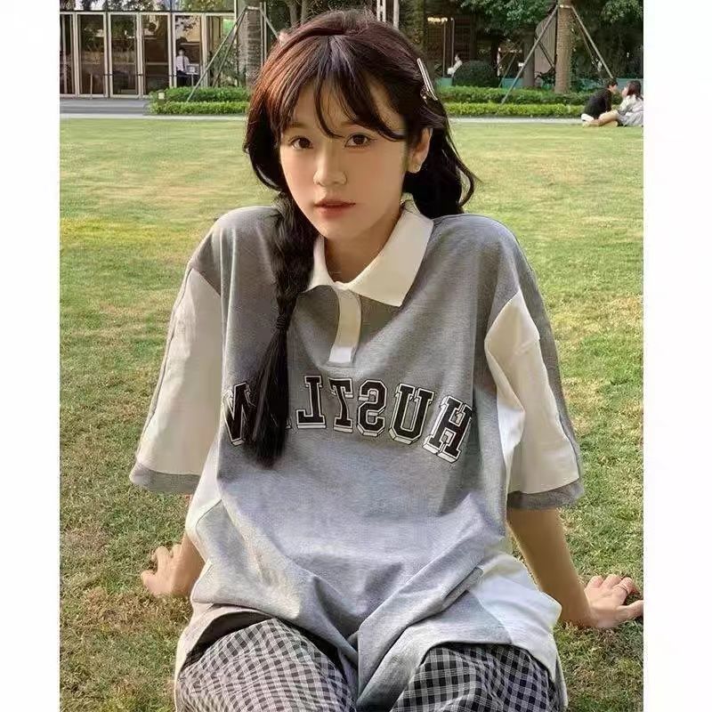 Japanese sweet and cool girl hit color polo shirt front shoulder short sleeve summer chic Hong Kong style loose all-match top