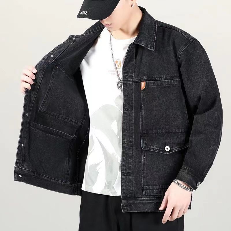 Spring high-end denim jacket men's loose multi-pocket trend all-match handsome top large size lapel casual jacket